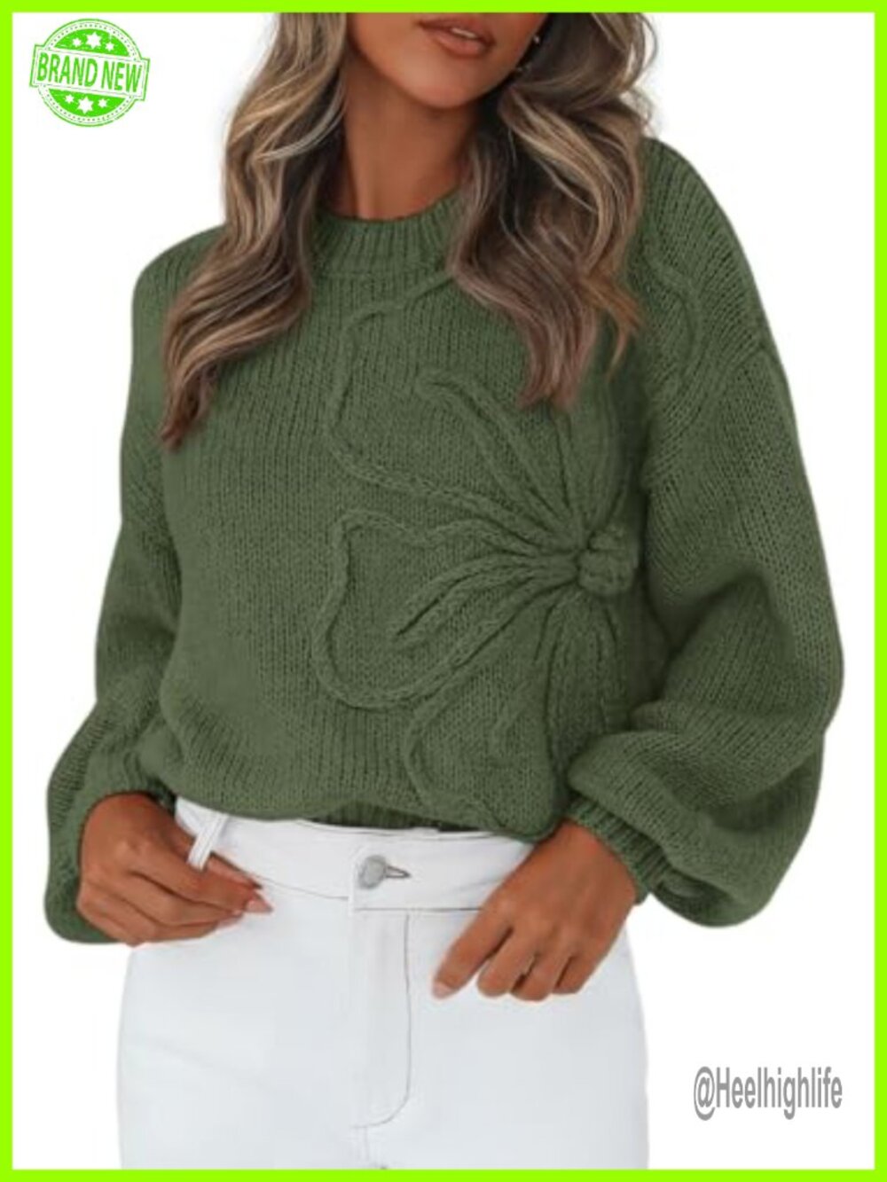 Oversized 3D Floral Knit Sweater Crew Neck Drop Shoulder Lantern Sleeve